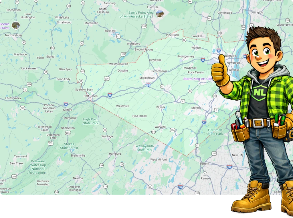A cartoon handyman gives a thumbs up in front of a map showing parts of New York, Pennsylvania, and New Jersey, with towns, parks, and highways labeled.