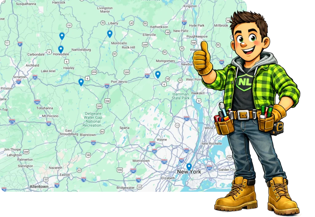 Cartoon handyman giving a thumbs up stands in front of a map showing locations marked with blue pins in New York and Pennsylvania.