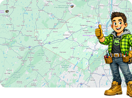 A cartoon handyman character stands giving a thumbs-up in front of a detailed regional map with towns, highways, and natural features labeled.
