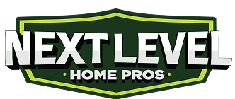 Logo with bold white text "NEXT LEVEL" above smaller yellow text "HOME PROS" on a dark green shield background with a yellow outline.