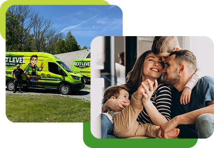 A green service van parked outdoors next to a person, alongside a separate image of a smiling family embracing on a couch indoors.